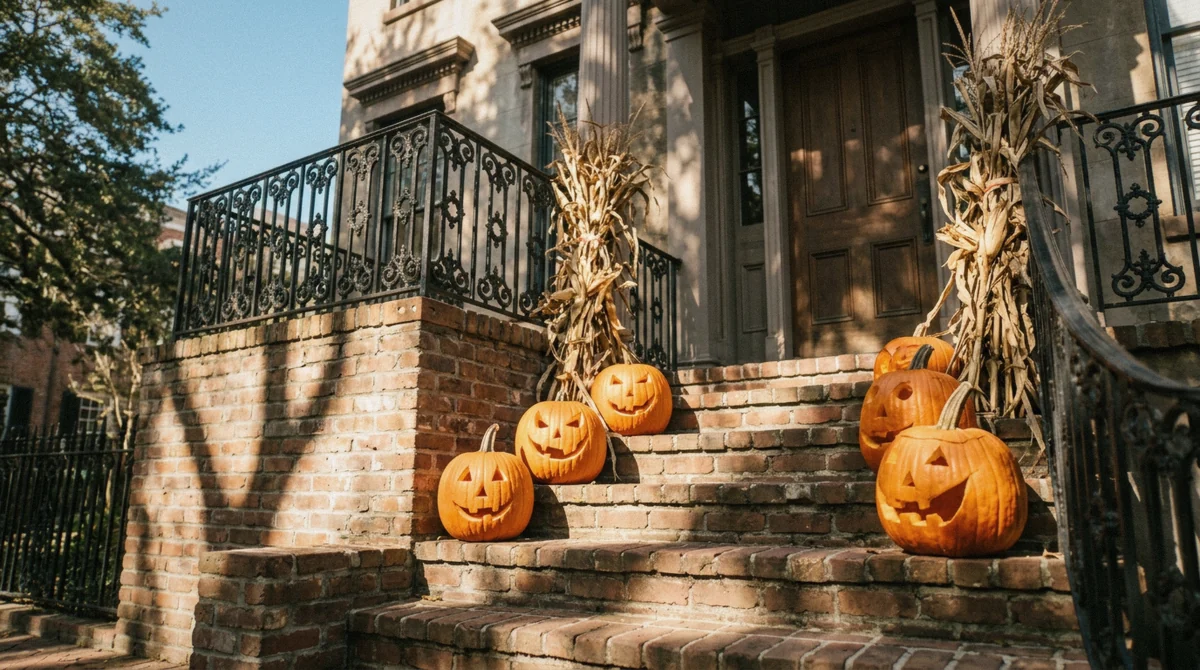 Carved pumpkins on the brick steps of a Savannah townhouse in October, Halloween in Savannah with ghost tours in Savannah GA