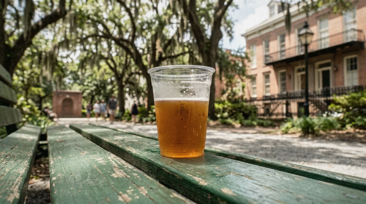 A plastic to-go cup of beer on a bench in a Savannah square, legal under the Savannah open container law near ghost tours in Savannah GA