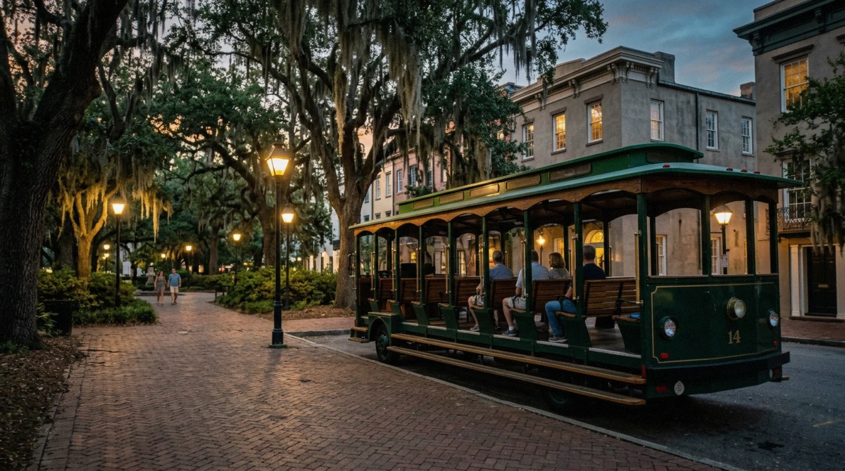 A sightseeing trolley beside a Savannah square at dusk, the kind of ride on a paranormal Savannah GA ghost tour