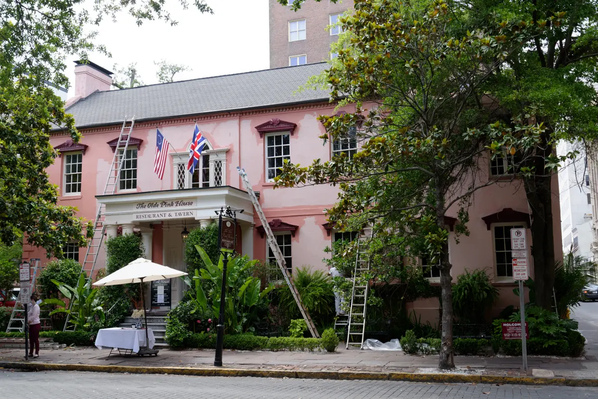 The Olde Pink House on Reynolds Square, one of the most haunted places in Savannah and a stop near ghost tours in Savannah GA